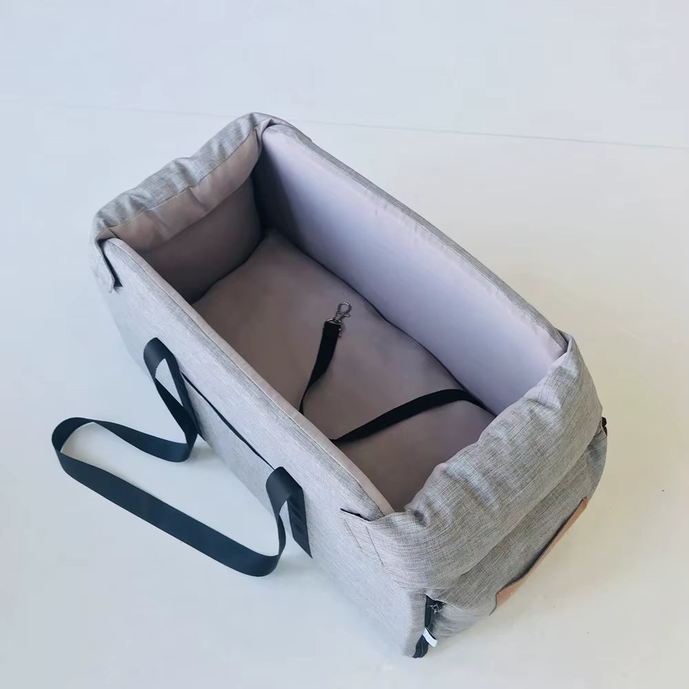 Portable Console Booster Dog Car Seat & Carrier for Small Pets with Safety Tether for Center Armrest