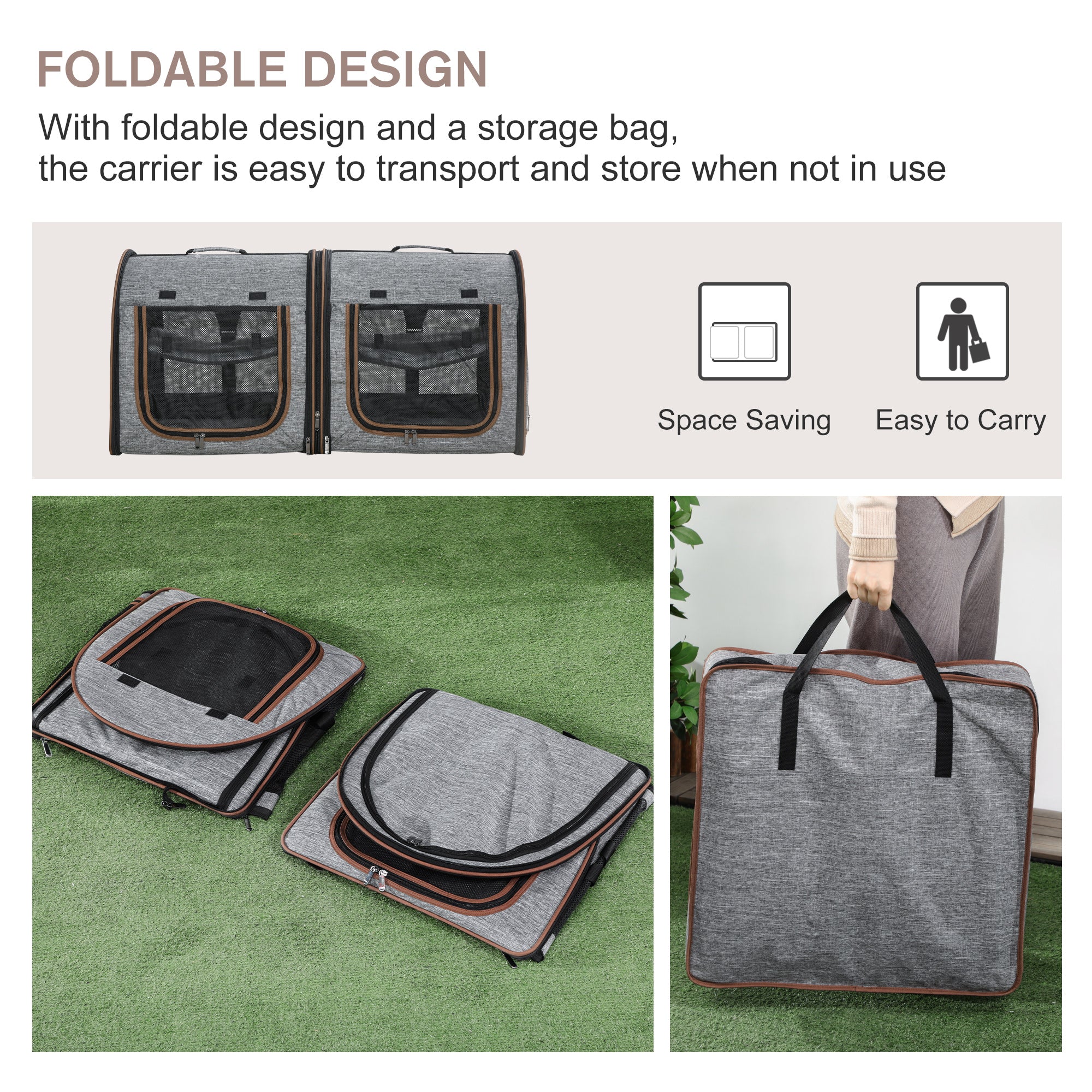 Portable Soft-Sided Pet Cat Carrier with Divider, Two Compartments, Padded and Storage Bag, Grey
