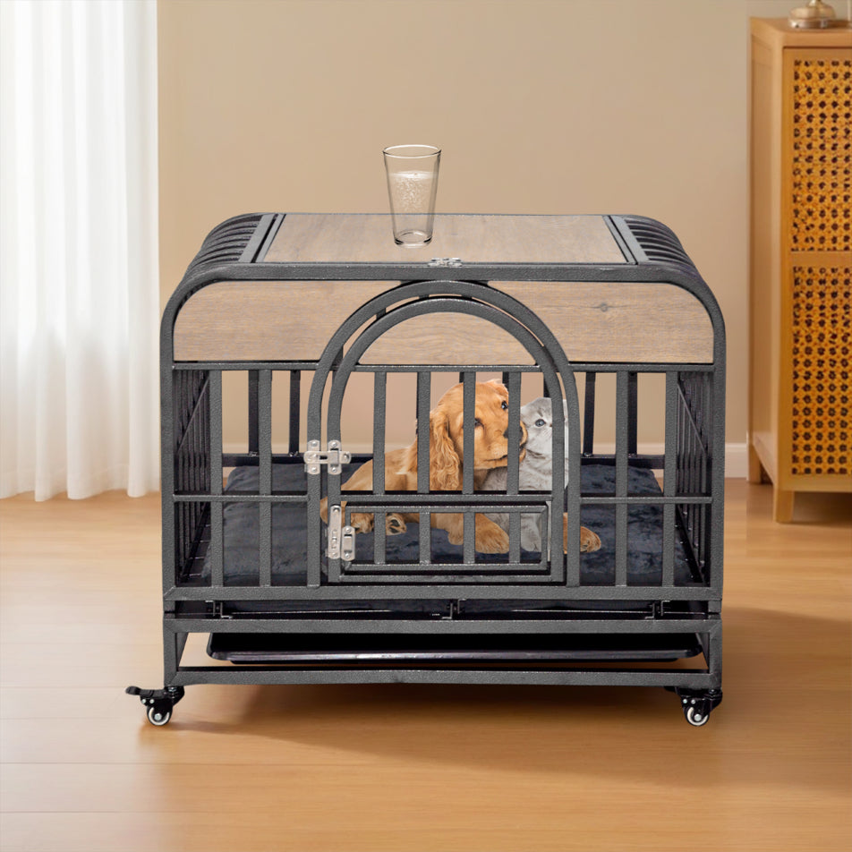 46” Heavy-Duty Furniture-Style Dog Crate – Secure Kennel with Removable Trays & Wheels for Anxious Dogs