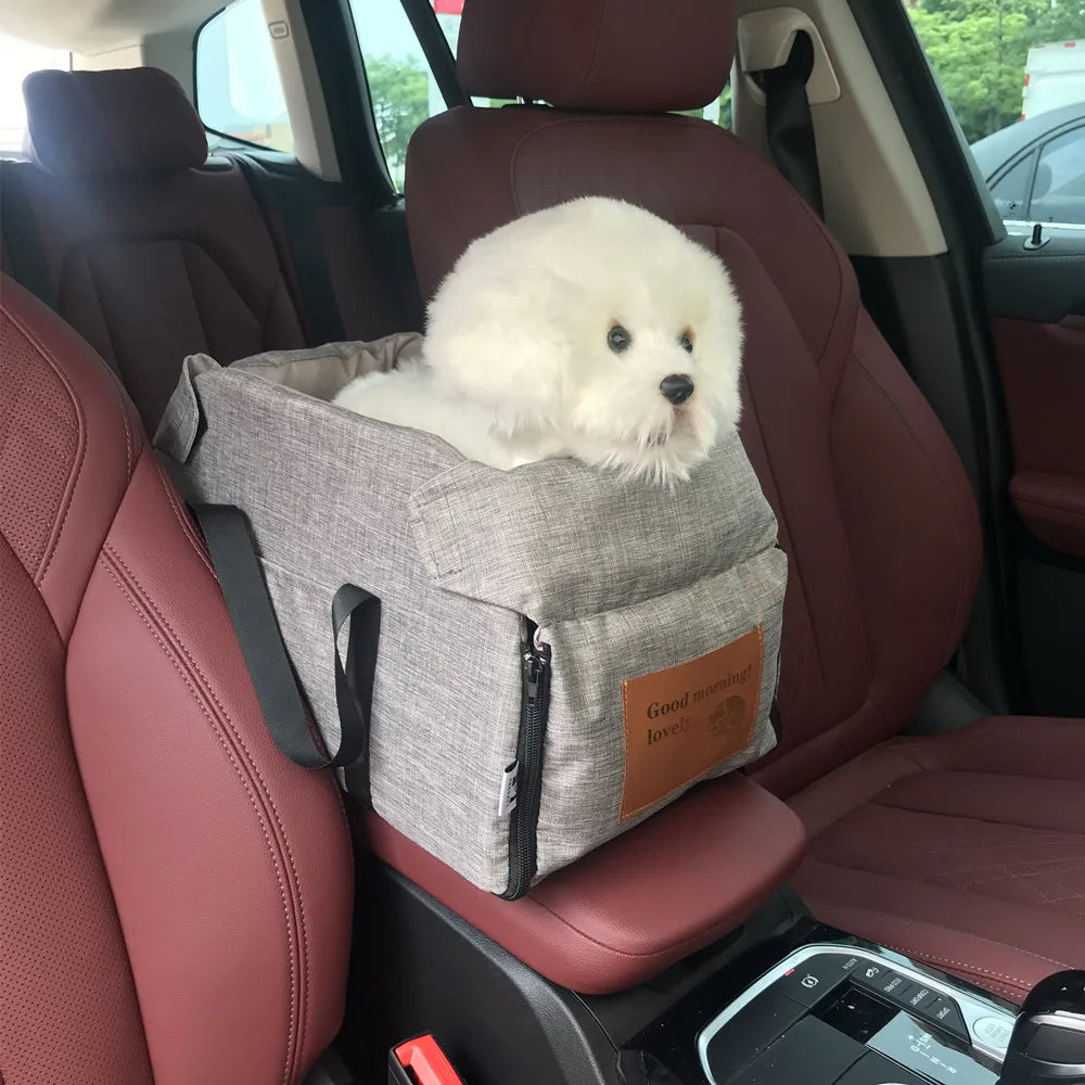 Portable Console Booster Dog Car Seat & Carrier for Small Pets with Safety Tether for Center Armrest