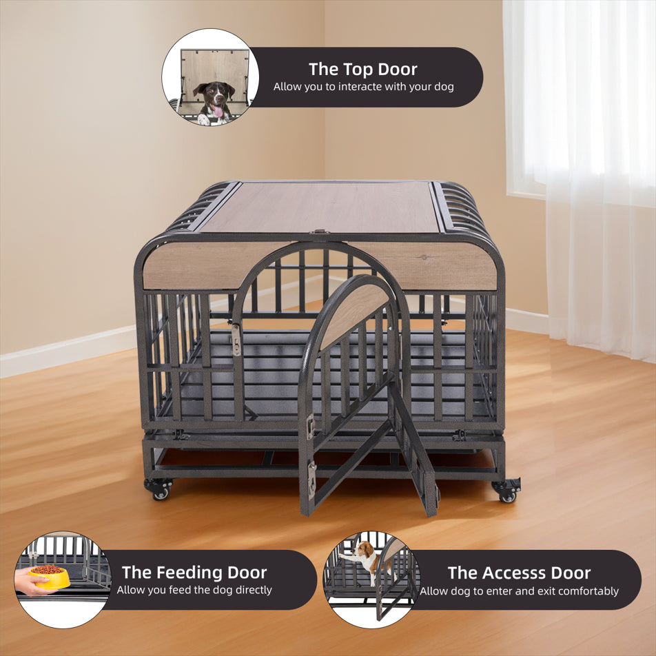 46” Heavy-Duty Furniture-Style Dog Crate – Secure Kennel with Removable Trays & Wheels for Anxious Dogs