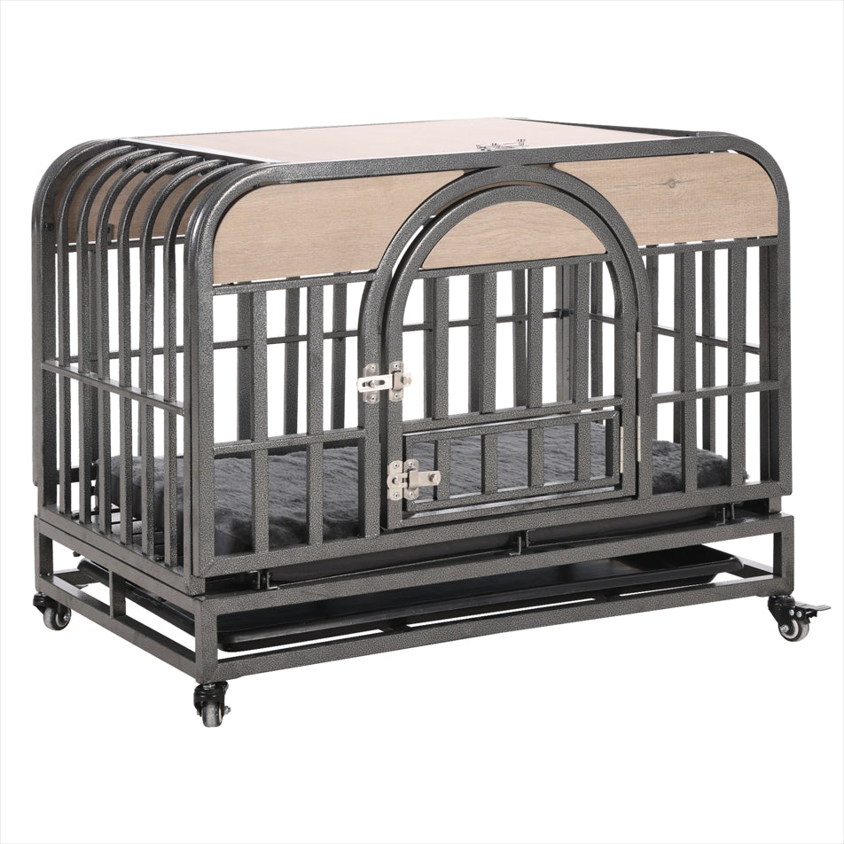 46” Heavy-Duty Furniture-Style Dog Crate – Secure Kennel with Removable Trays & Wheels for Anxious Dogs