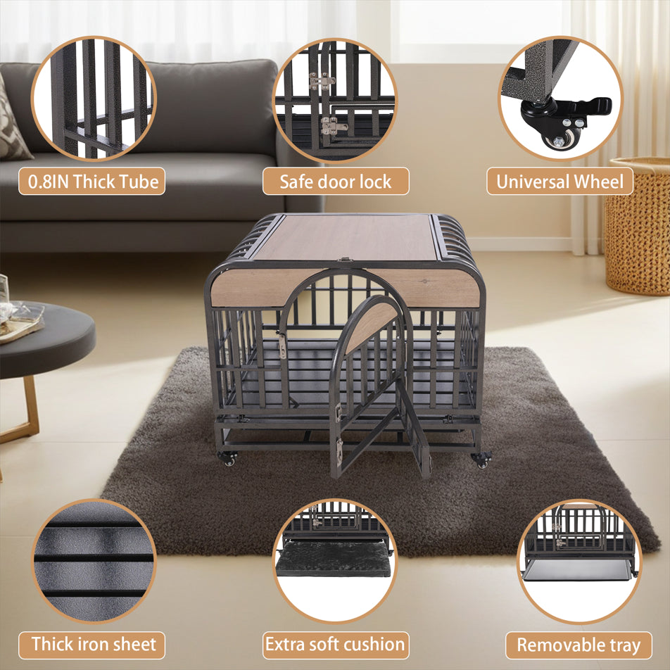 46” Heavy-Duty Furniture-Style Dog Crate – Secure Kennel with Removable Trays & Wheels for Anxious Dogs